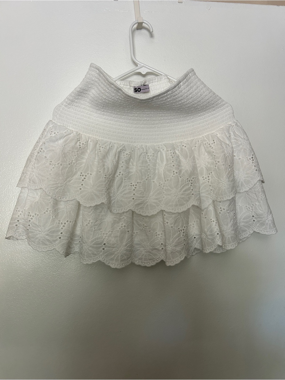 SO White Eyelet Tiered Ruffled Mini Skirt Smocked High Waist Size Large Boho Cot